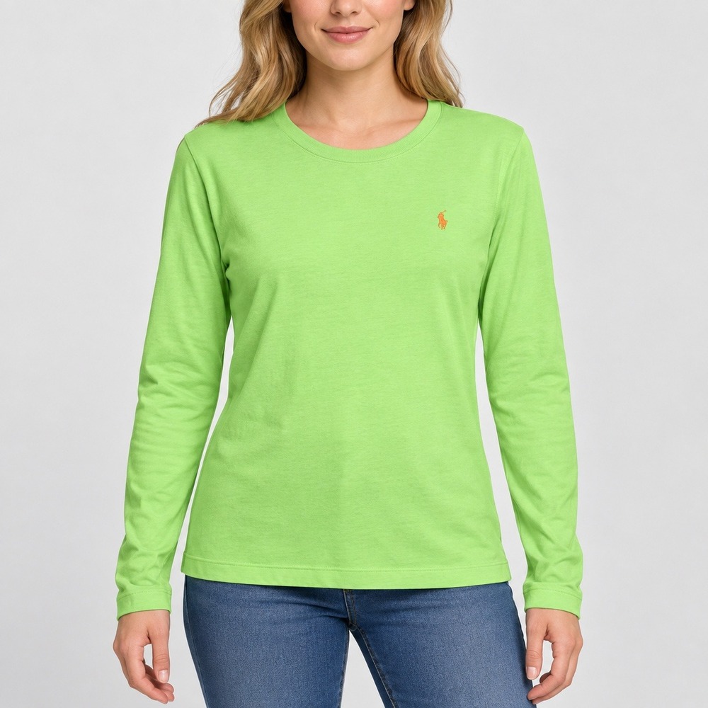 Ralph Lauren Sport Lime Green Long Sleeve Cotton Tee Shirt Womens Large